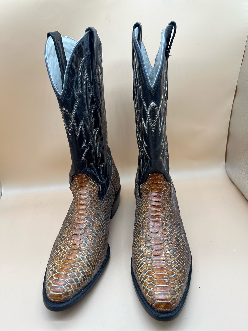 J.B. Dillon Brown Snakeskin Vamp with Black Leather Shaft Cowboy Boots